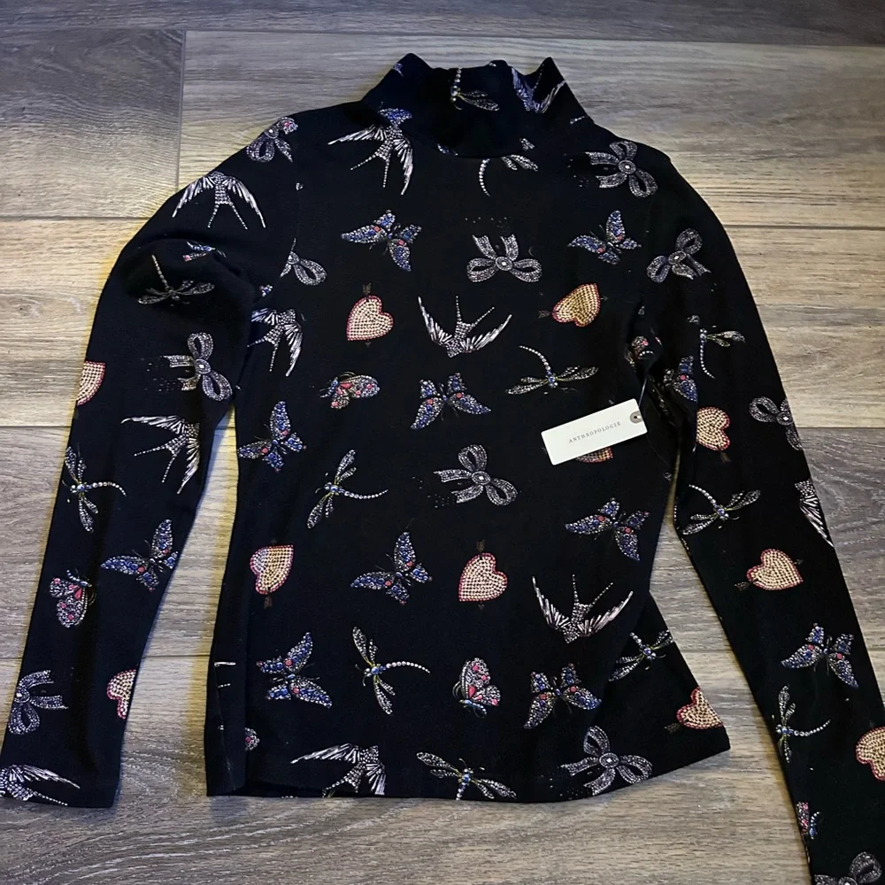 Anthropologie Black Long Sleeve Turtleneck with Butterfly and Hearts by Maeve - Picture 1 of 3
